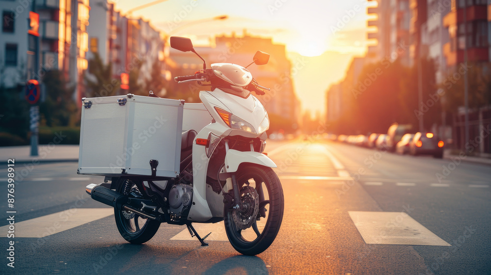 A white delivery box installed on a motorcycle stands on the road, representing service, delivery, and transportation in an urban city environment. Ideal for business and vehicle-related concepts. A white delivery box installed on a motorcycle stands on the road, representing service, delivery, and transportation in an urban city environment. Ideal for business and vehicle-related concepts.
