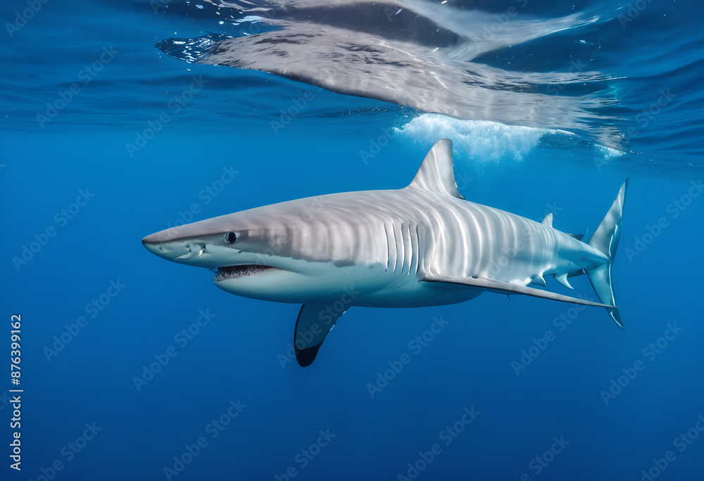 Fototapeta premium Great white shark in deep blue water.