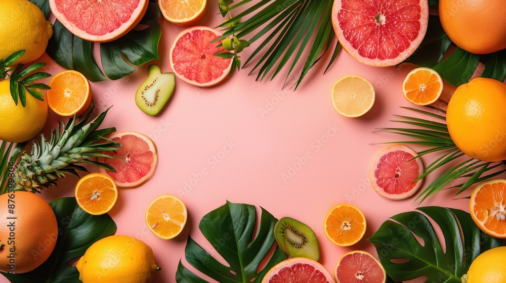 Pink pastel background with tropical fruits pineapples, oranges, kiwi, grapefruit and palm leaves Pink pastel background with tropical fruits pineapples, oranges, kiwi, grapefruit and palm leaves