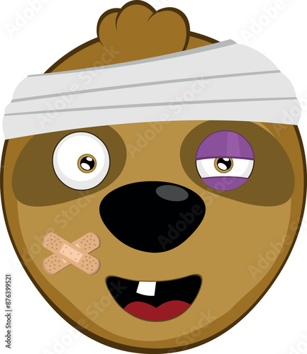 vector illustration face bear sloth character animal cartoon, injured with bandages on his head, a black eye, a single tooth