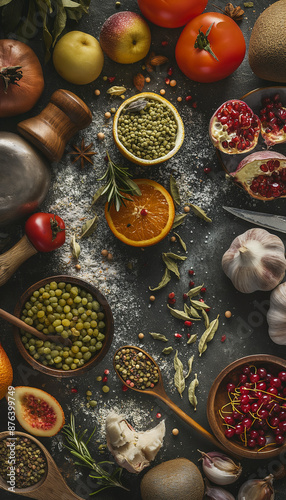 Culinary Feast of Fresh Ingredients and Herbs in a Rustic Kitchen