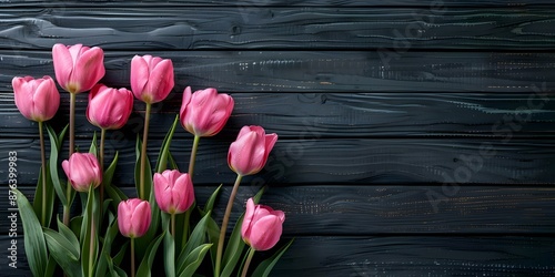 Greeting Card for Mother's Day and International Women's Day Featuring Pink Tulips on Black Wood. Concept Mother's Day, International Women's Day, Greeting Card, Pink Tulips, Black Wood photo