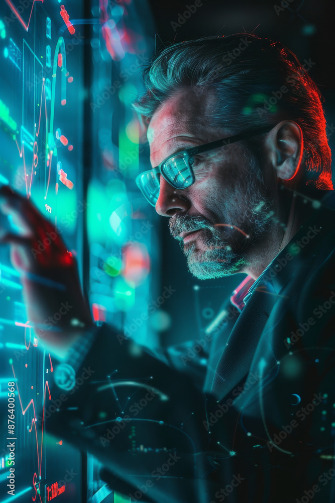 A human businessman controls and interacts with AI using his hand and fingers in a futuristic environment A human businessman controls and interacts with AI using his hand and fingers in a futuristic environment