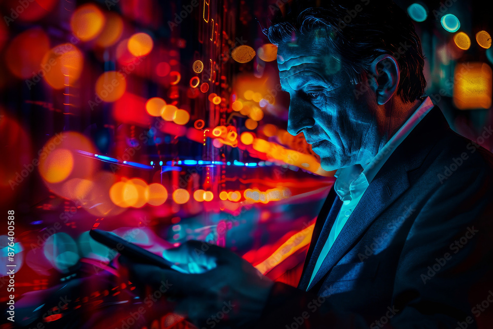 Obraz premium A human businessman controls and interacts with AI using his hand and fingers in a futuristic environment