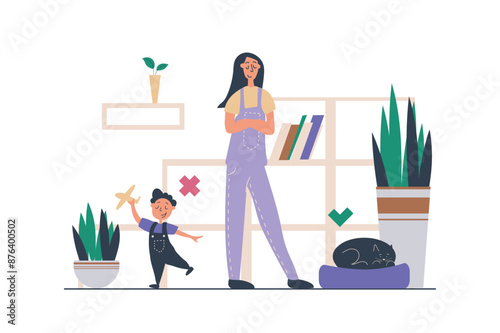 Childfree web concept with people scene in flat design. Childless woman making choose for single live with her cat and decline to having baby. Vector illustration with character situation for web