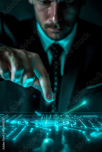 A human businessman controls and interacts with AI using his hand and fingers in a futuristic environment