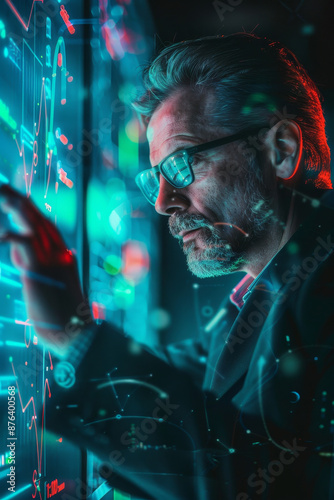 A human businessman controls and interacts with AI using his hand and fingers in a futuristic environment