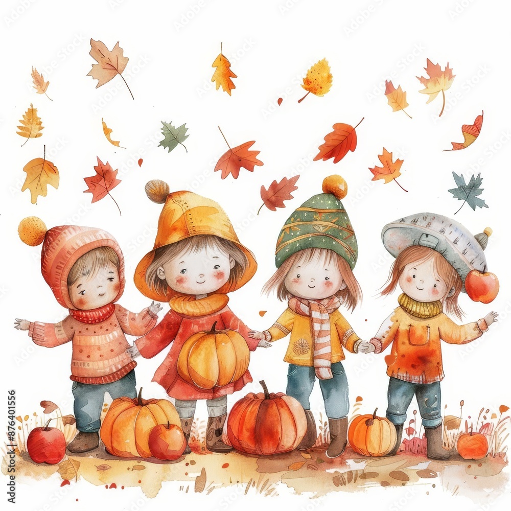 Fototapeta premium Four adorable children holding hands, surrounded by pumpkins and autumn leaves.