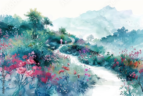 Fototapeta Naklejka Na Ścianę i Meble -  Flower Garden Path A watercolor depiction of a winding path through a flower garden