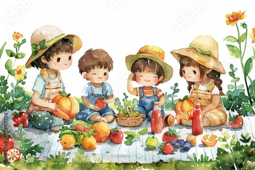 Summer Picnic A watercolor depiction of children having a picnic in a summer garden