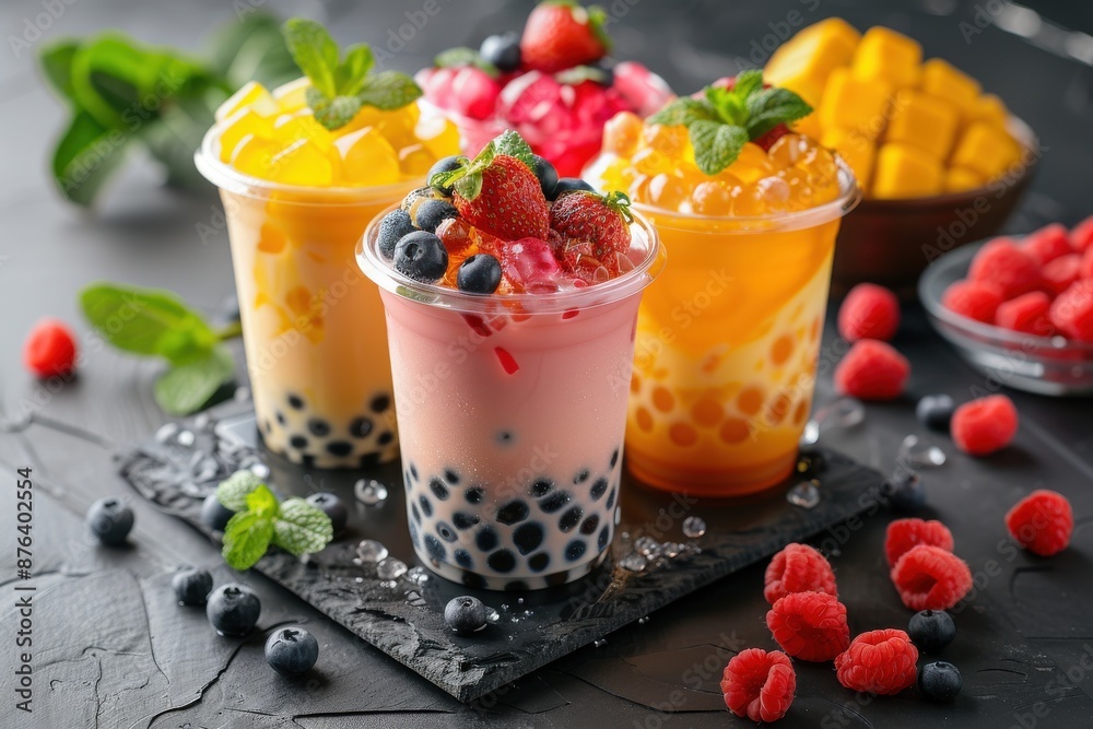 Colorful Bubble Tea with Fresh Fruits

