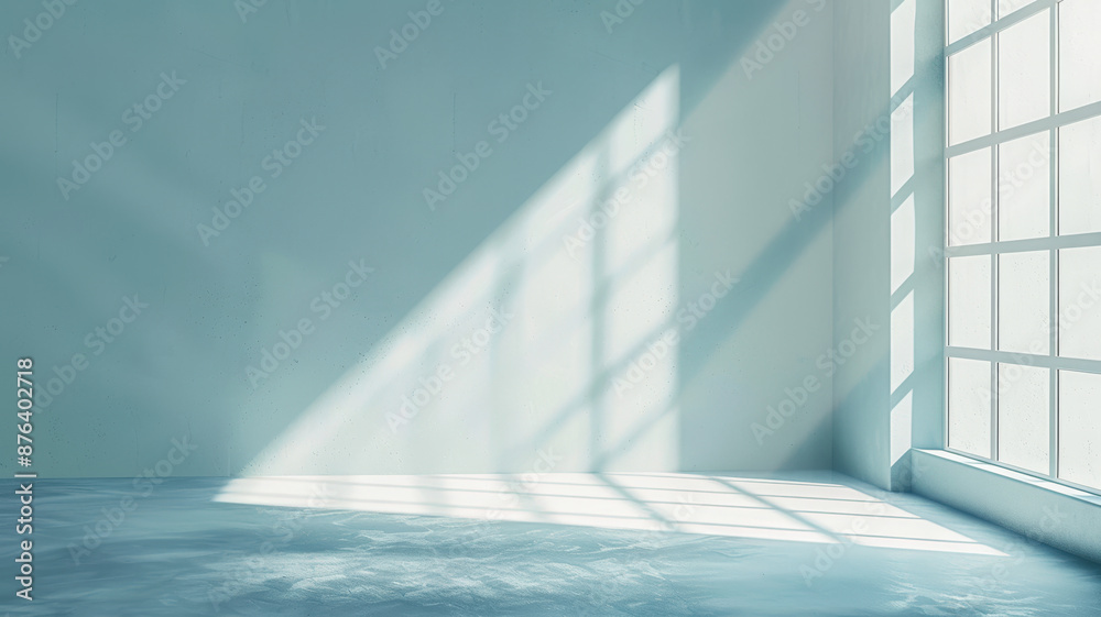 Sunlight Streaming Through Window Casting Geometric Shadows in Minimalist Blue Room – Tranquil, Bright, and Serene Interior Scene Sunlight Streaming Through Window Casting Geometric Shadows in Minimalist Blue Room – Tranquil, Bright, and Serene Interior Scene