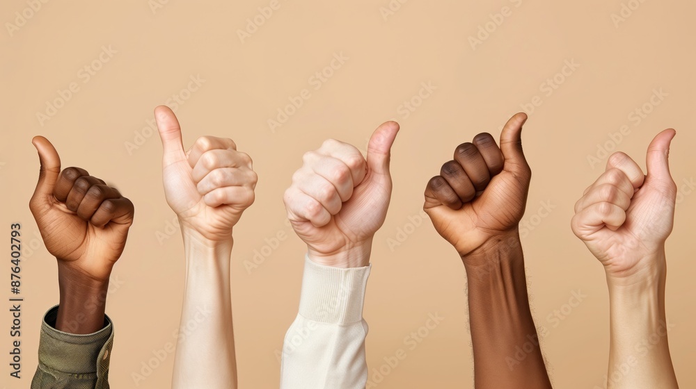 A row of diverse hands with different skin tones giving thumbs up, symbolizing unity, support, and agreement on a beige background.
A row of diverse hands with different skin tones giving thumbs up, symbolizing unity, support, and agreement on a beige background.