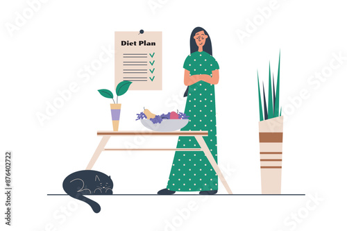Diet plan web concept with people scene in flat design. Woman follows dieting, gets detox and controls calories, eats fresh and natural products. Vector illustration with character situation for web