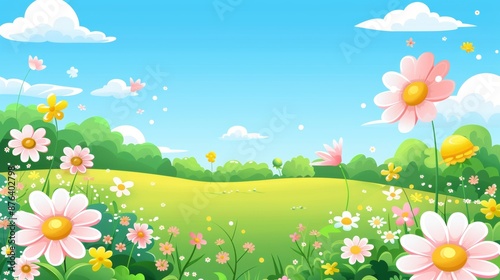 Illustration of a vibrant meadow with colorful flowers, green hills, and a clear blue sky with scattered clouds