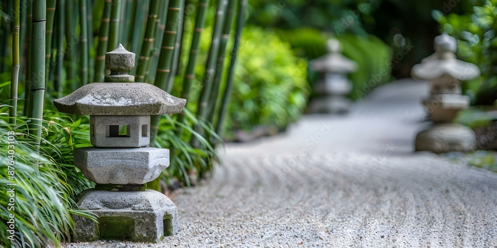 Tranquil Japanese Tea Garden Gravel Paths, Stone Lanterns, and Bamboo Groves. Concept Japanese Garden, Tranquility, Gravel Paths, Stone Lanterns, Bamboo Groves Tranquil Japanese Tea Garden Gravel Paths, Stone Lanterns, and Bamboo Groves. Concept Japanese Garden, Tranquility, Gravel Paths, Stone Lanterns, Bamboo Groves