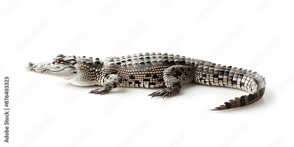 Fototapeta premium Profile of an actual crocodile against a white backdrop. Concept Wildlife Photography, Crocodile Portrait, White Background, Animal Profile Shot