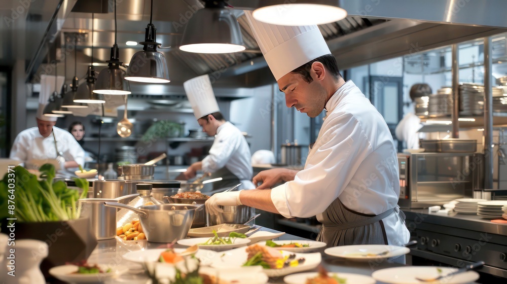 Renowned Chef and Team Prepare Dishes in a Modern Stainless Steel Kitchen Filled with Cooking Ingredients Renowned Chef and Team Prepare Dishes in a Modern Stainless Steel Kitchen Filled with Cooking Ingredients