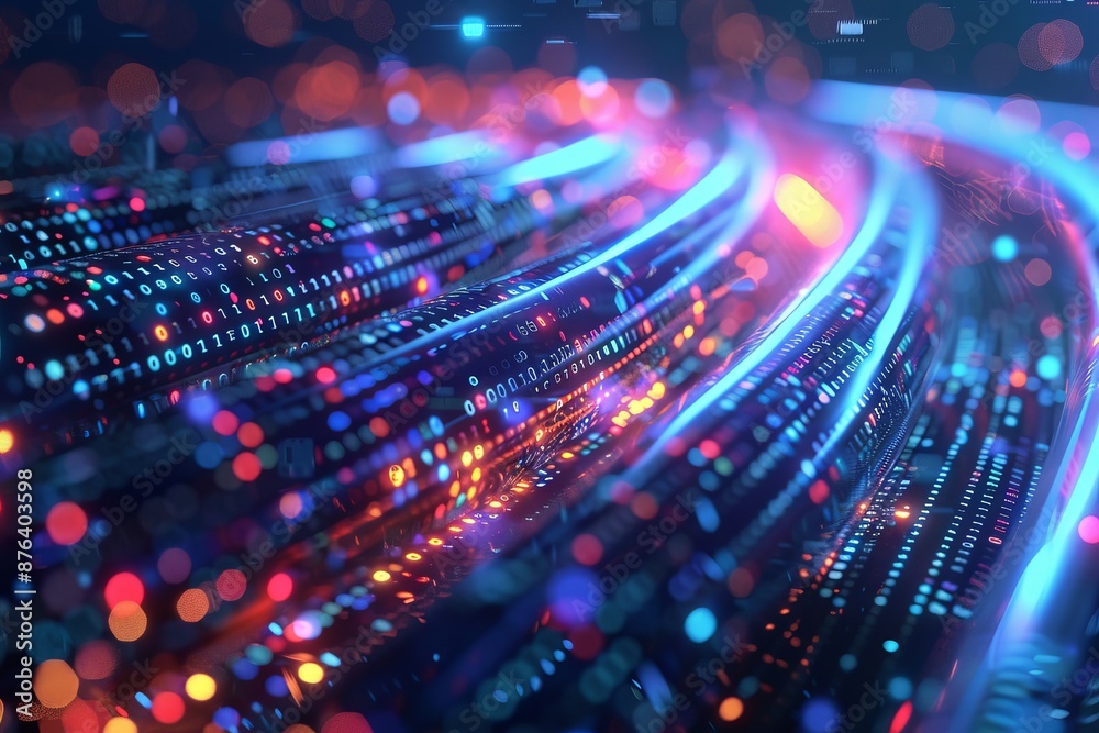 Obraz premium Data transfer concept with glowing cables transmitting information in the background