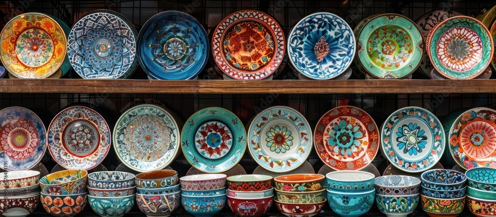 Fototapeta premium Colorful Ceramic Dishes on Shelves