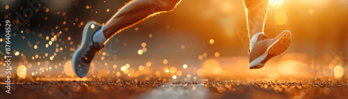 Close-up of a runner's feet on a path during sunset, capturing the energy and movement of the sport with glowing bokeh in the background.