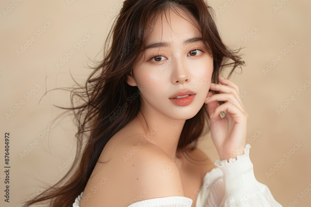 Beautiful young asian woman with clean fresh skin on beige background, Face care, Facial treatment, Cosmetology, beauty and spa, Asian women portrait.