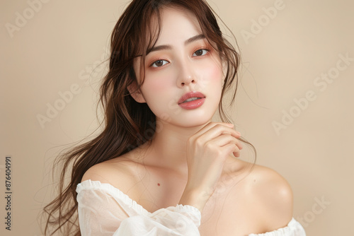 Beautiful young asian woman with clean fresh skin on beige background, Face care, Facial treatment, Cosmetology, beauty and spa, Asian women portrait.
 photo