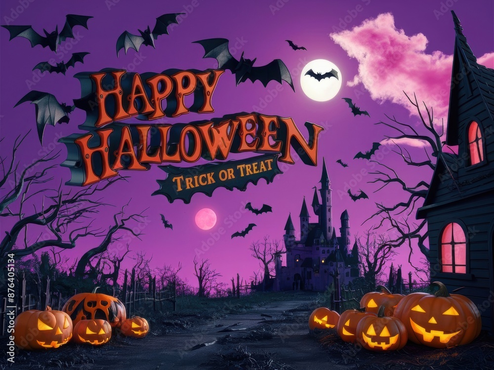 Fototapeta premium Happy halloween banner or party invitation background with violet fog clouds and pumpkins 