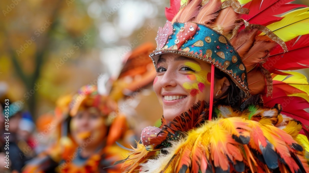 Performers in festive costumes dancing and playing instruments in a Thanksgiving parade Performers in festive costumes dancing and playing instruments in a Thanksgiving parade