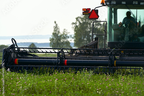 Preparing green fodder for livestock. A fragment of a self-propelled mower mowing grass fodder mixture on the bank of a water reservoir in close-up.