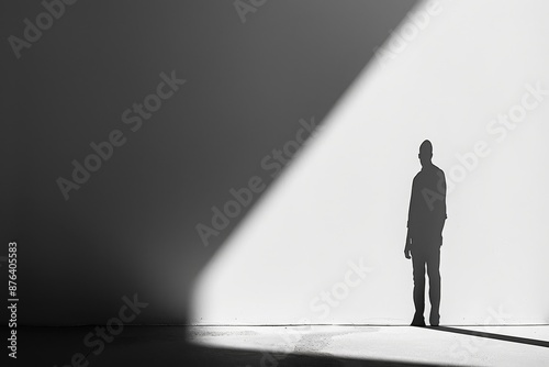 Man's silhouette cast on a textured wall with shadows of branches, concept of solitude, contemplation, and mystery