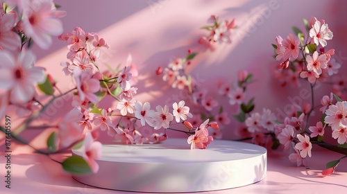 Spring flower beauty display 3d podium stand mockup in pink with floral design on white background