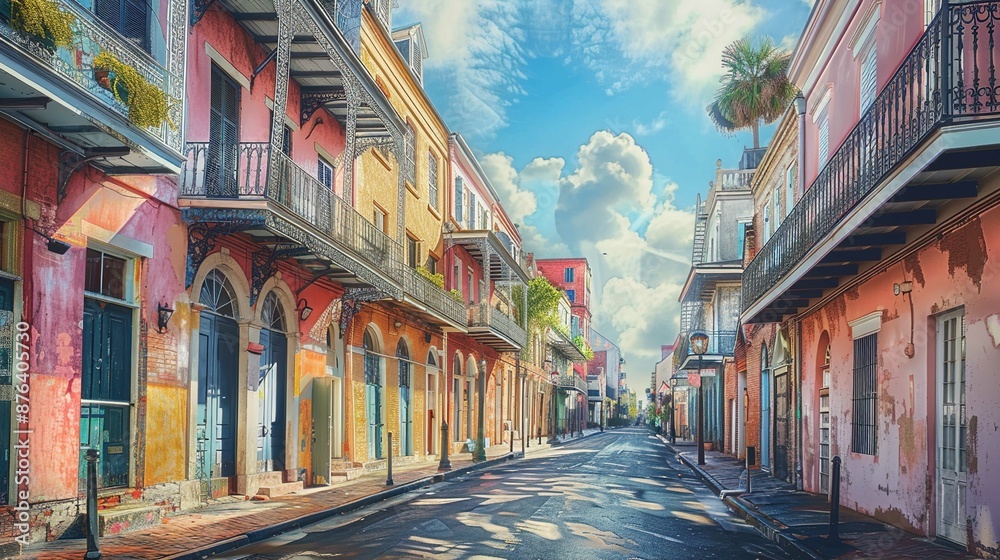 Fototapeta premium A vibrant, colorful street scene featuring historic buildings with ornate iron balconies in a row on both sides. The buildings are painted in warm hues of pink, yellow, orange, and blue. Potted plants
