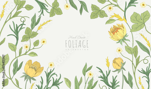 Retro colorful floral art with detailed various flowers and foliage, intricate details and delicate forms. Elegant botanical background or invitation card. Hand drawn vector illustration