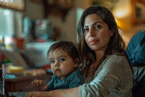 Latina Woman Professional Mom Multitasking with Baby Toddler Child on Lap while Working from Home with Flexible Schedule
