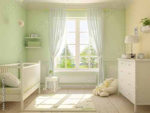 A nursery room with a white crib, a rocking chair, and a teddy bear. The room is bright and cheerful, with a green wall and white furniture. The curtains are drawn