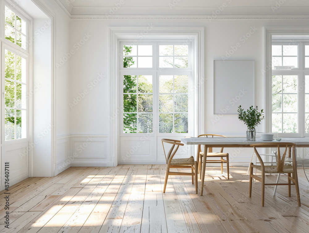 A large, open room with a white table and chairs. The room is filled with natural light and has a clean, minimalist design A large, open room with a white table and chairs. The room is filled with natural light and has a clean, minimalist design