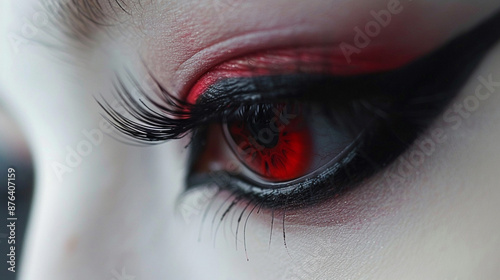 Beautiful woman eye with red makeup. Close-up macro shot