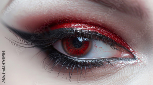 Close up shot of beautiful female eye with red make-up.