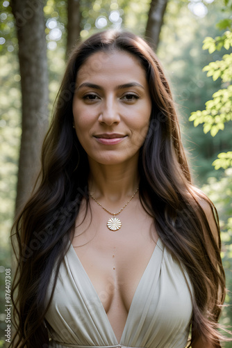 Portrait of a middle-aged woman in a forest with a smiling face and sleeveless wear.