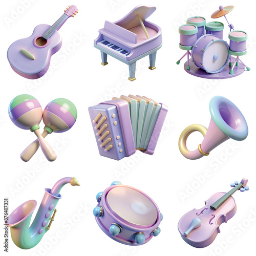 Set of musical instruments 3d icons including guitar, piano, drums, maracas, accordion, saxophone, tambourine, violin