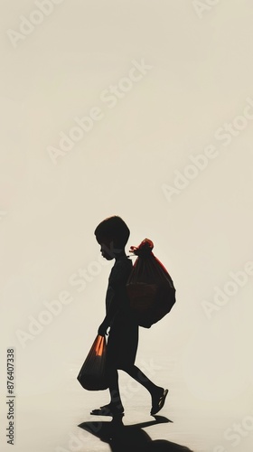 Figure of a child with heavy bags on a light background, reflecting the issues of migration, poverty, social inequality, child labor