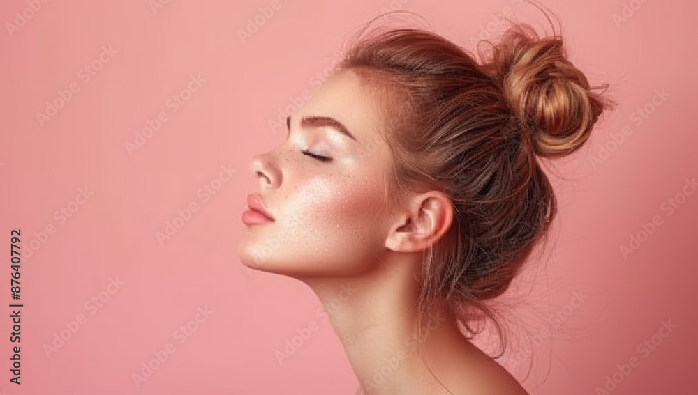 Side profile of a young woman with a bun and clear skin against a pink background. Ideal for beauty and skincare ads.
Side profile of a young woman with a bun and clear skin against a pink background. Ideal for beauty and skincare ads.