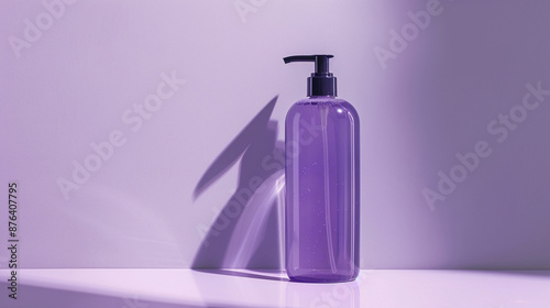 Cosmetic bottle with a dispenser on a purple background with shadow