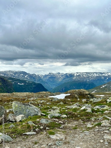 Mountain landscape with cloudy sky and mountains in the background