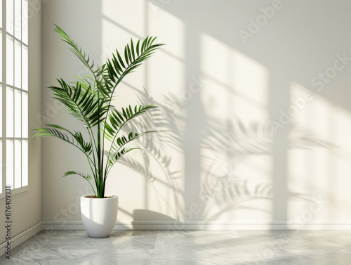 A large plant is sitting in a white pot in a room with a white wall. The plant casts a shadow on the wall, creating a sense of depth and dimension in the space. The room is empty photo