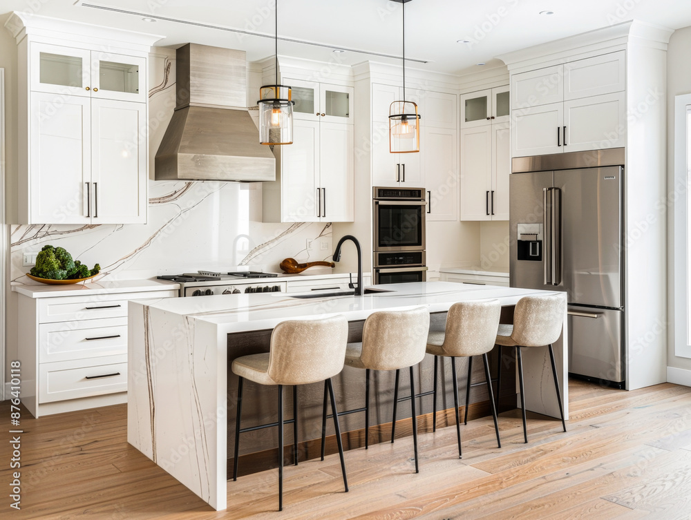 A modern kitchen with a white island and stainless steel appliances. The chairs are white and the counter is made of marble A modern kitchen with a white island and stainless steel appliances. The chairs are white and the counter is made of marble