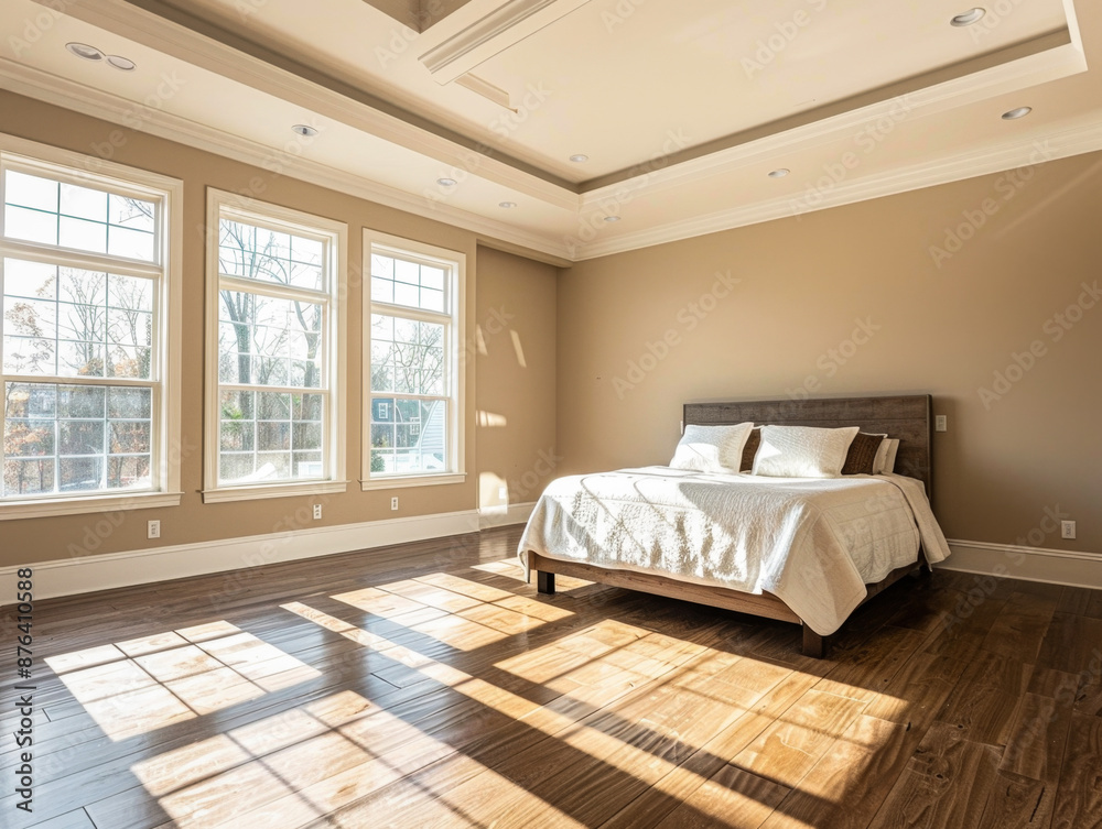 Obraz premium A large bedroom with a white bed and a wooden floor. The room is very bright and spacious, with a lot of natural light coming in through the windows. The walls are painted in a light color