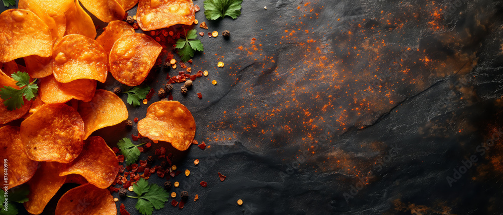 Potato chips on a slate surface. Potato chips on a slate surface.