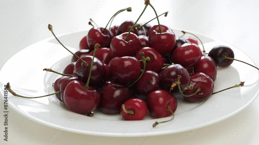 Blurred Shooting with a Person Putting Sweet and Delicious Red Cherry Fruits on the Plate.